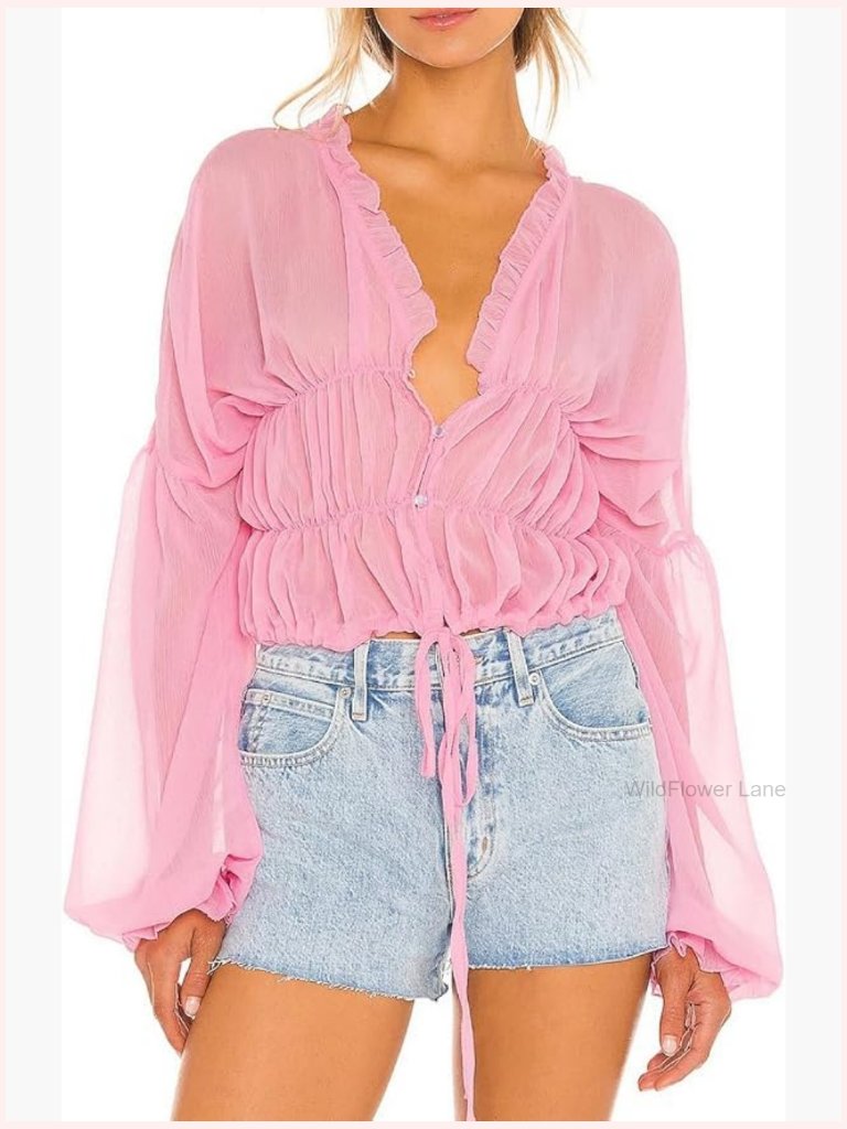 Crop Top Sheer Long Puff Sleeve Chiffon Blouse Tie Front V-Neck